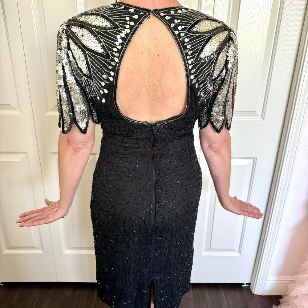 Vintage Laurence Kazar Sequin Black and Silver Silk Cocktail Dress Size S - Picture 4 of 9